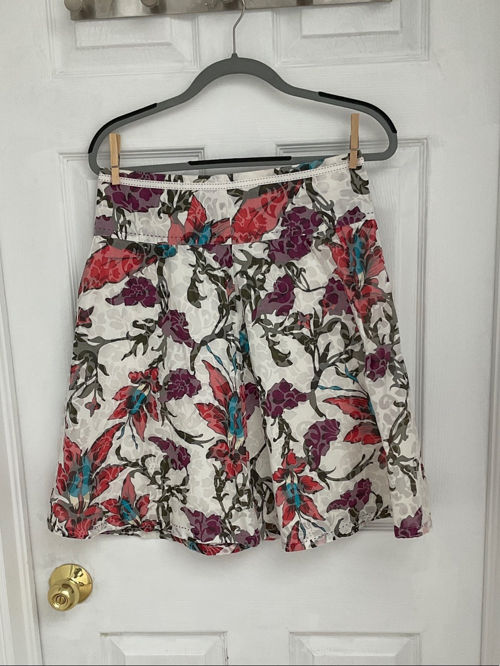 Esprit White Floral A-Line Skirt with Red, Purple & Teal Accents